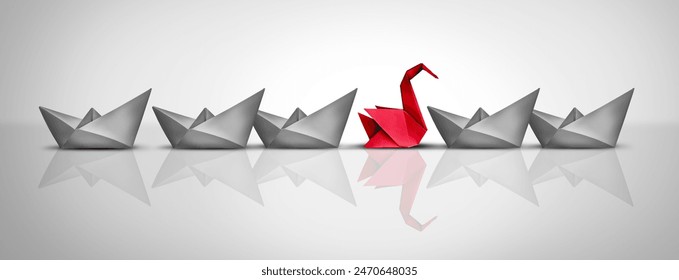 Extraordinary Skill as an Independent thinker in a group of ordinary paper boats with an exceptional origami swan representing excellence and being a nonconformist.