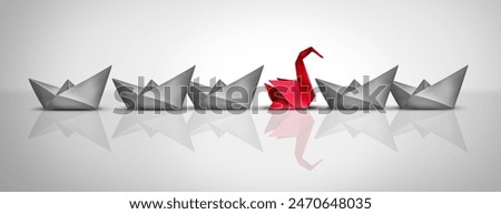 Extraordinary Skill as an Independent thinker in a group of ordinary paper boats with an exceptional origami swan representing excellence and being a nonconformist.