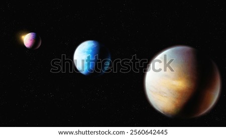 Extrasolar planets in space in a row. Planetary system with three exoplanets. Beautiful cosmic panorama.