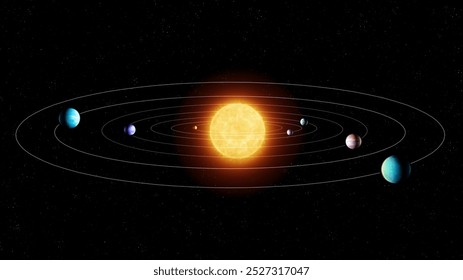 Extrasolar star system consisting of seven planets. Model of the solar system with exoplanets in orbit around the sun.