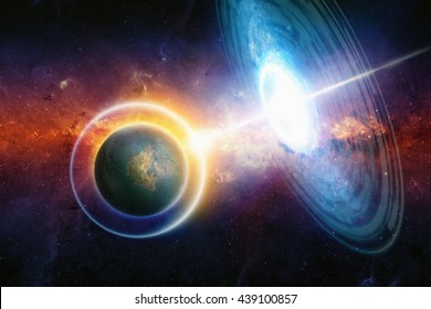Extraterrestrial aliens spaceship hits planet in deep space, space war in red glowing galaxy. Planet uses energy shield to protect against attack. Elements of this image furnished by NASA. 