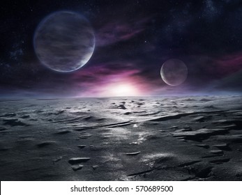 Extraterrestrial landscape of distant icy planet with nebulae and two large moons on its sky