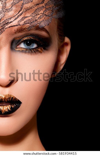 Extravagant Makeup Gold Black Lips Eyes Stock Photo Edit Now 581934415