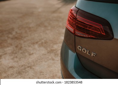 Extremadura, Spain - June 20th, 2020: Close up back view of Volkswagen Golf 7, during outdoors sunrise. The Last Edition is the last one of the Vw Golf 7 while the Golf 8 has been already launched.