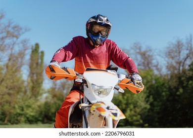 Extreme And Adrenaline. Motocross Rider Close Up Portrait. Motocross Sport. Active Lifestyle.