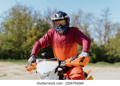 Extreme And Adrenaline. Motocross Rider Close Up Portrait. Motocross Sport. Active Lifestyle.