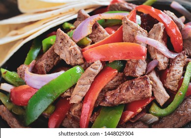 Extreme Close Up Of Beef Steak Fajita Mix . Selective Focus With Blurred Background.  