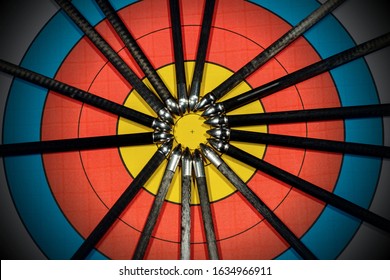 Extreme Close Up Of A Target With A Large Group Of Arrow. Archery Sport