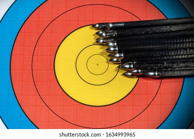 Extreme Close Up Of A Target With A Large Group Of Arrow. Archery Sport