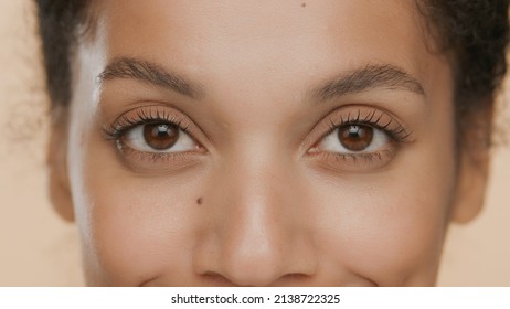 Extreme close-up of brunette good-looking African American woman looking at the camera on beige background | Eye bags removal concept