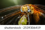 Extreme close-up of a dragonfly perched on a branch, devouring a green insect, showcasing its intricate details and predatory nature, macro photography and don