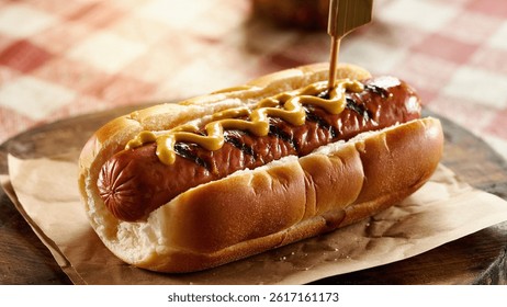 Extreme close-up of a grilled hot dog with mustard, nestled in a toasted bun.