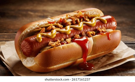 Extreme close-up of a hot dog with mustard, ketchup, and crispy onions nestled in a soft bun.
