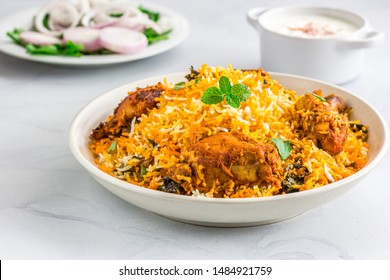 Extreme Close-Up Photo of Chicken Biryani, Traditional Indian One Pot Rice and Chicken Dish.
