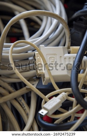 Extreme Close-up of Tangled Computer Cables, DVI Adapter, and USB Connectors