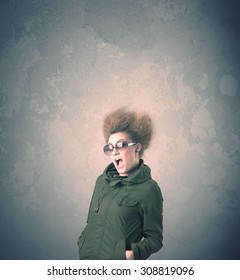 Extreme hair style young woman portrait on vintage background - Shutterstock ID 308819096