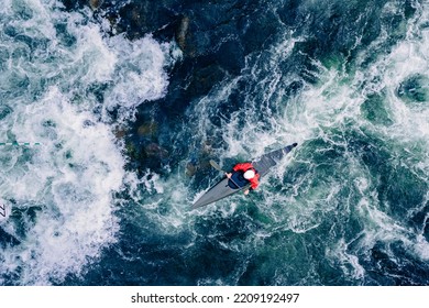 Extreme kayak boat rough river aerial top view, sunny day. Concept travel rafting adrenaline. - Powered by Shutterstock