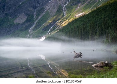 Extreme Morning Fog And Mist On A Summer Day At Avalanche Lake In Glacier National Park