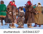 The extreme north, Yamal, the past of Nenets people, the dwelling of the peoples of the north, a family photo near the yurt in the tundra