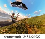 Extreme paragliding pilot soaring in the New Zealand beach at sunset. Adventure concept