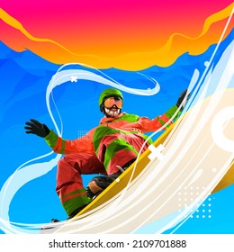 Extreme Sport. Contemporary Art Collage. Creative Artwork. Professional Sportsman, Snowboarder In Sportswear, Equipment Snowboarding Isolated Bright Background. Winter Sports, Speed, Energy Concept