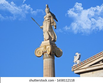 Extreme zoom of iconic statue of Athena in Academy of Athens neoclassic building, Athens historic centre, Attica, Greece   