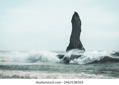 Extremely Dangerous Sneaker Waves At The Reynisfjara Black Sand Beach In Iceland With no people In Foggy Background. wide - Powered by Shutterstock
