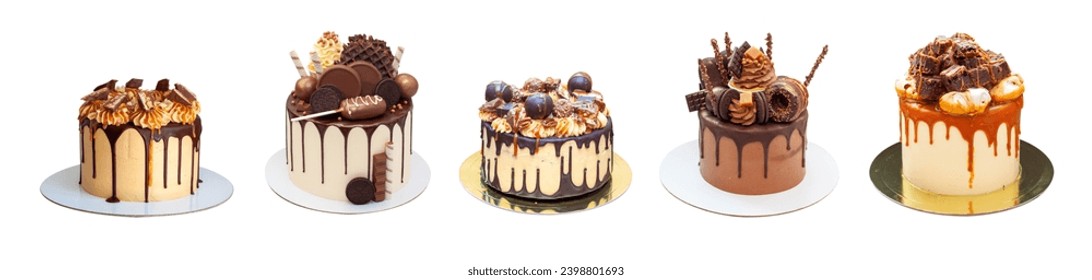 Extremely delicious group of chocolate cakes isolated on white background, png. With waffles, salted caramel, peanut butter, donuts