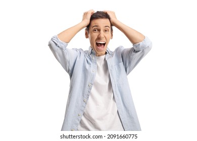 Extremely Happy Casual Young Man Holding His Head Isolated On White Background