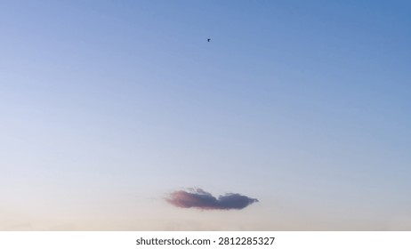 Extremely minimalist composition of a vast gradient blue and purple twilight sky, featuring only a very small, distant pink cloud near the horizon. The scene represents absolute serenity, minimalist aesthetics, vast open skies, and peaceful twilight transitions.