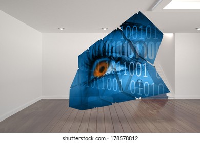 Eye and binary code on abstract screen against digitally generated room with stairs