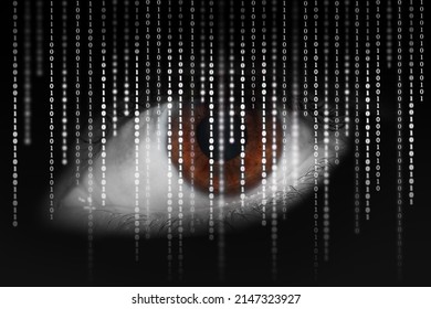An eye with a brown pupil against a background of a dark cloud and white numbers, minimalism. Internet surveillance concept. Darknet concept.
