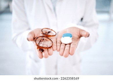 Eye care, choice with glasses or contact lens in hands, closeup and vision with healthcare for eyes. Prescription lenses, person with frame and plastic container, optometry with optician and health