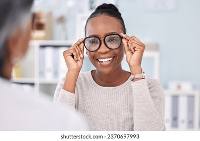 Eye care, glasses choice and black woman with optometrist at clinic, vision and healthcare with wellness. Prescription lens, frame with help or advice, designer eyewear or spectacles with smile - Powered by Shutterstock