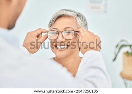 Eye care, glasses and senior patient with doctor, optometry and frame choice with help and people at clinic. Wellness, health and prescription lens, woman and optometrist with trust and eyewear