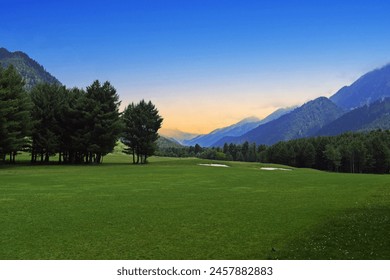An eye catching view of golf course at Pahalgam Kashmir. This golf course is one of the largest golf ground in India. putt, enjoy, hole in one, prefecture, scenery, golfer, golfcourse, hobby, field,
