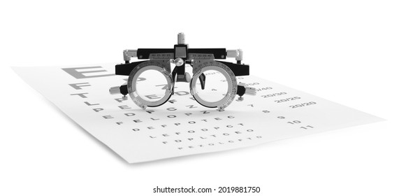 Eye chart test and trial frame on white background. Ophthalmologist tools