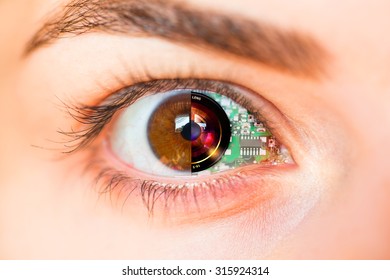 Eye close-up with technology background