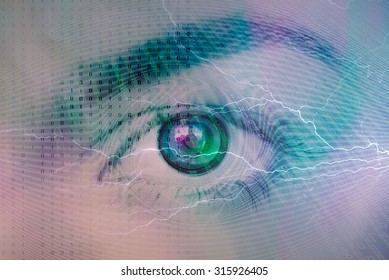 Eye close-up with technology background