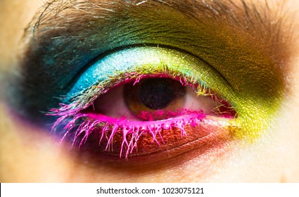 Eye With Colorful Neon Paint Fashion Makeup. Holi, Paint Party, Colors Festival, Indian Culture Inspired.