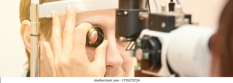 Eye Doctor Diagnostic. Patient At Medical Clinic. Cataract Ophthalmology Exam. Astigmatism Examination. Prevention Eyecare Consultation. Patient Control Glaucoma. Horizontal Banner