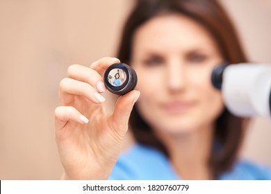 Eye Doctor Diagnostic. Patient At Medical Clinic. Cataract Ophthalmology Exam. Astigmatism Examination. Prevention Eyecare Consultation. Patient Control Glaucoma