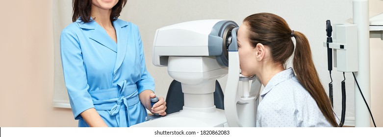 Eye Doctor Diagnostic. Patient At Medical Clinic. Cataract Ophthalmology Exam. Astigmatism Examination. Prevention Eyecare Consultation. Patient Control Glaucoma. Horizontal Banner