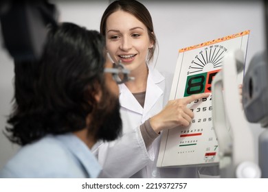 An Eye Doctor Examines A Male Patient In A Clinic With Modern Equipment.