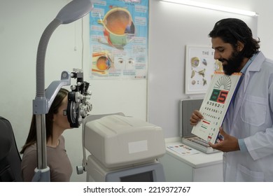 An Eye Doctor Examines A Woman Patient In A Clinic With Modern Equipment.