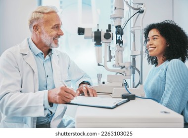 Eye exam, consulting and smile with doctor and black woman for healthcare, ophthalmology and medical. Glaucoma, laser and wellness with patient and optometrist in clinic for vision, checklist or help