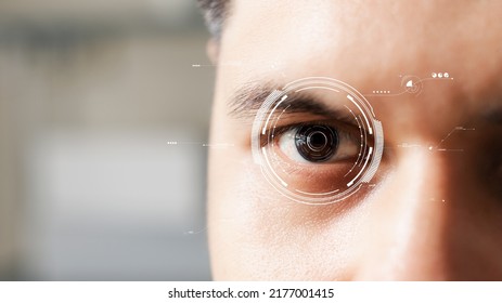 Eye Examination And Treatment, Biometric Scanning Of Close-up Male Eyes, Health Care.