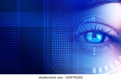 Eye of the female on a dark abstract background, neon holograms, retina scanner