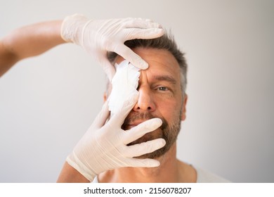 Eye First Aid Care By Doctor. Medicine Plaster. Pain And Injury
