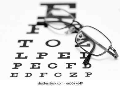 Eye Glasses On Top Of An Eye Chart White Background